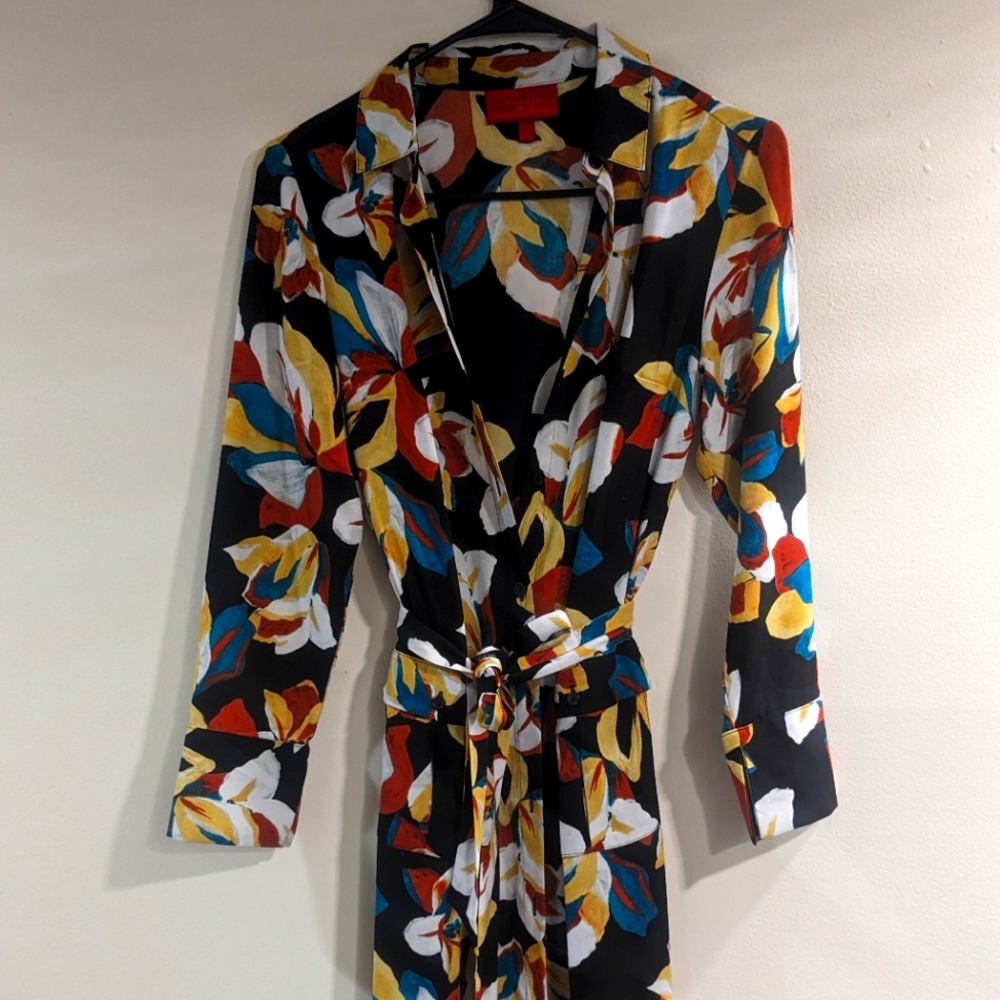 Black Floral Wrap Dress with Multicolor Leaf Print